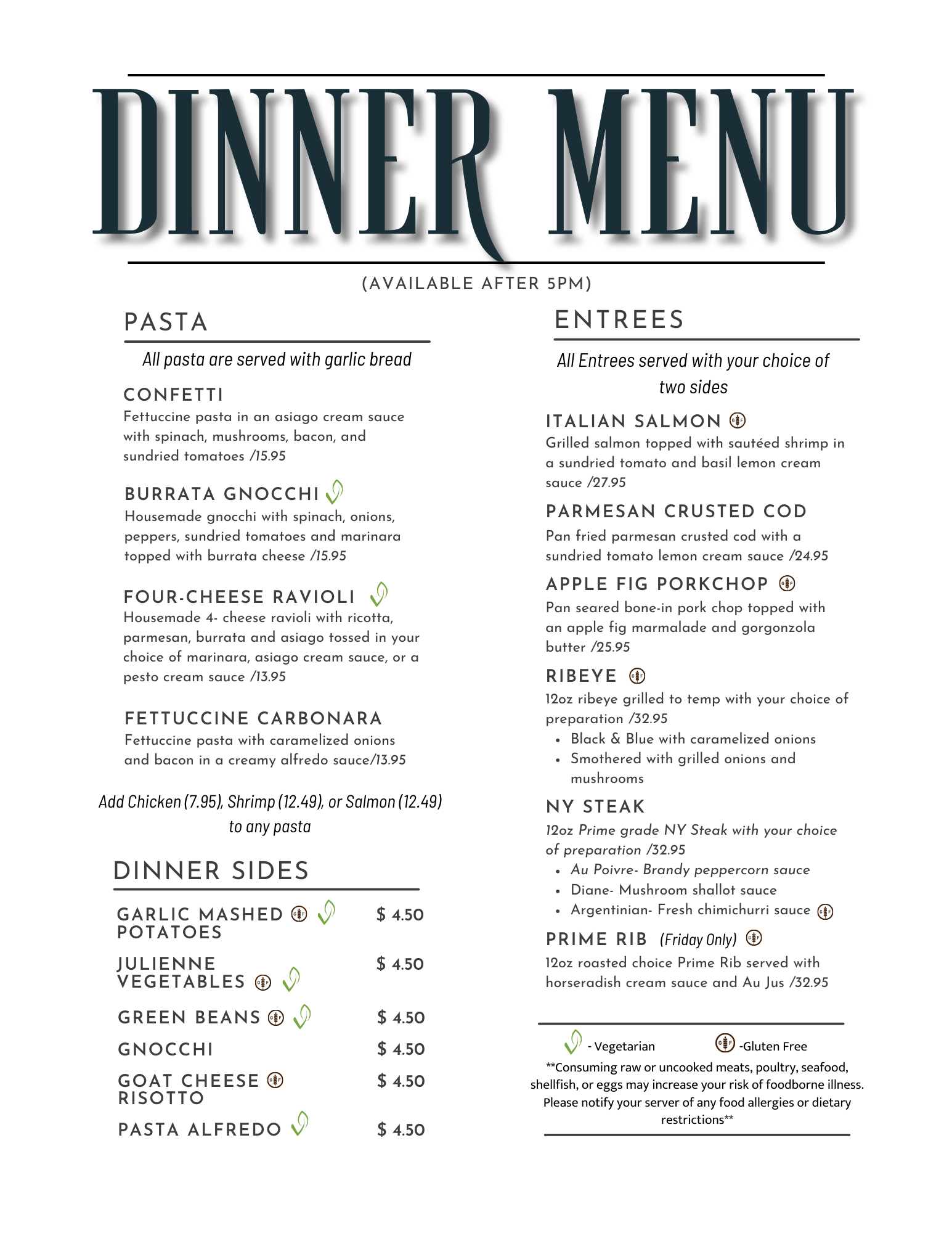 Dinner Menu - served after 5 PM daily